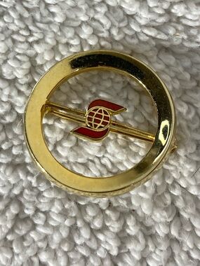 Vintage Scotiabank Red Enamel Gold Tone Circle Bar Brooch Pin